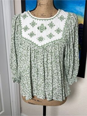 bohme Green Floral Embroidered Peasant Blouse - White Yoke